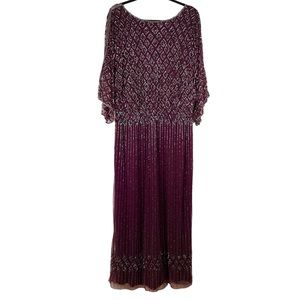 Pisarro Nights Long Formal Gown Beaded Boat Neck Blouson Split 3/4 Sleeves 14W